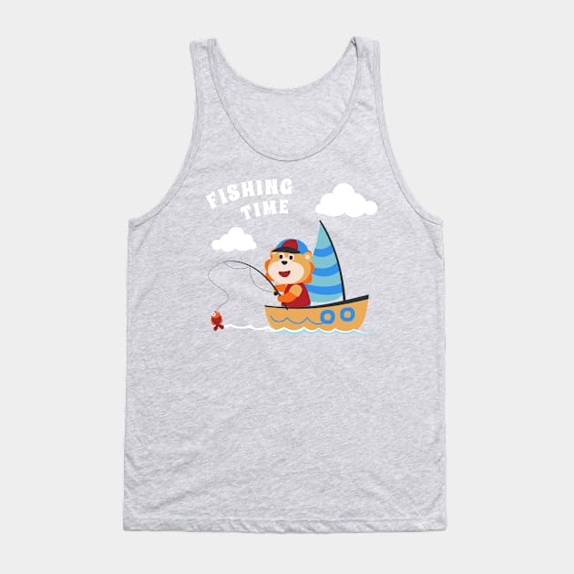 Vector cartoon illustration of cute lion fishing on sailboat with cartoon style. Tank Top by KIDS APPAREL